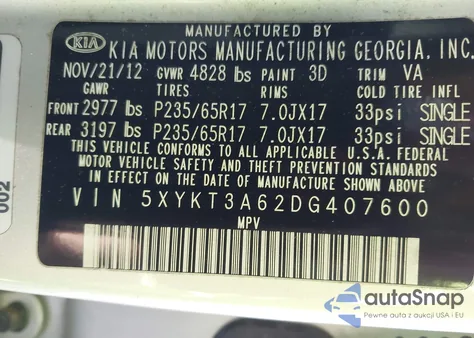 2013 Kia Sorento Lx z USA, uszkodzony, nr VIN 5XYKT3A62DG407600